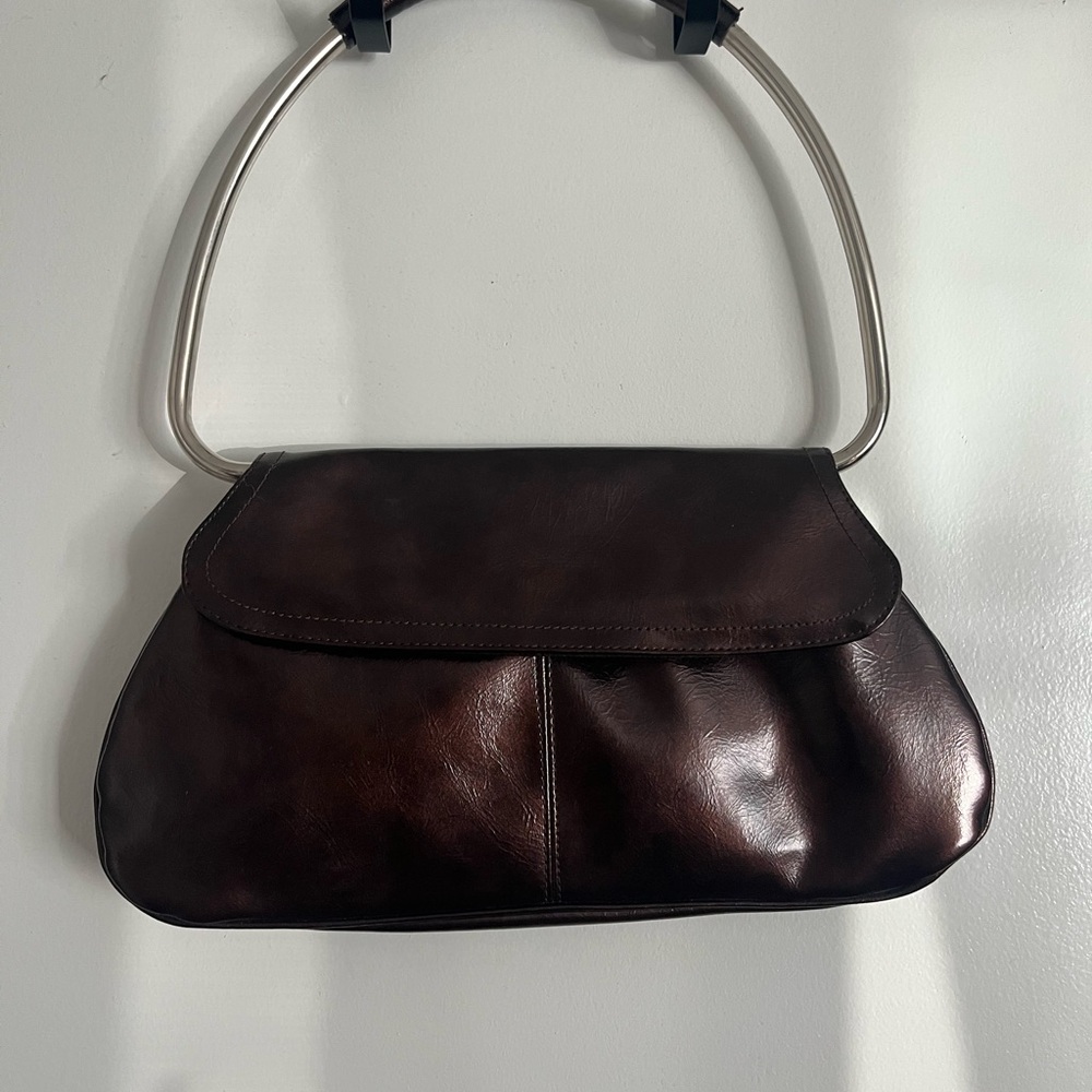 Brown Leather Shoulder Bag with Metallic Handle